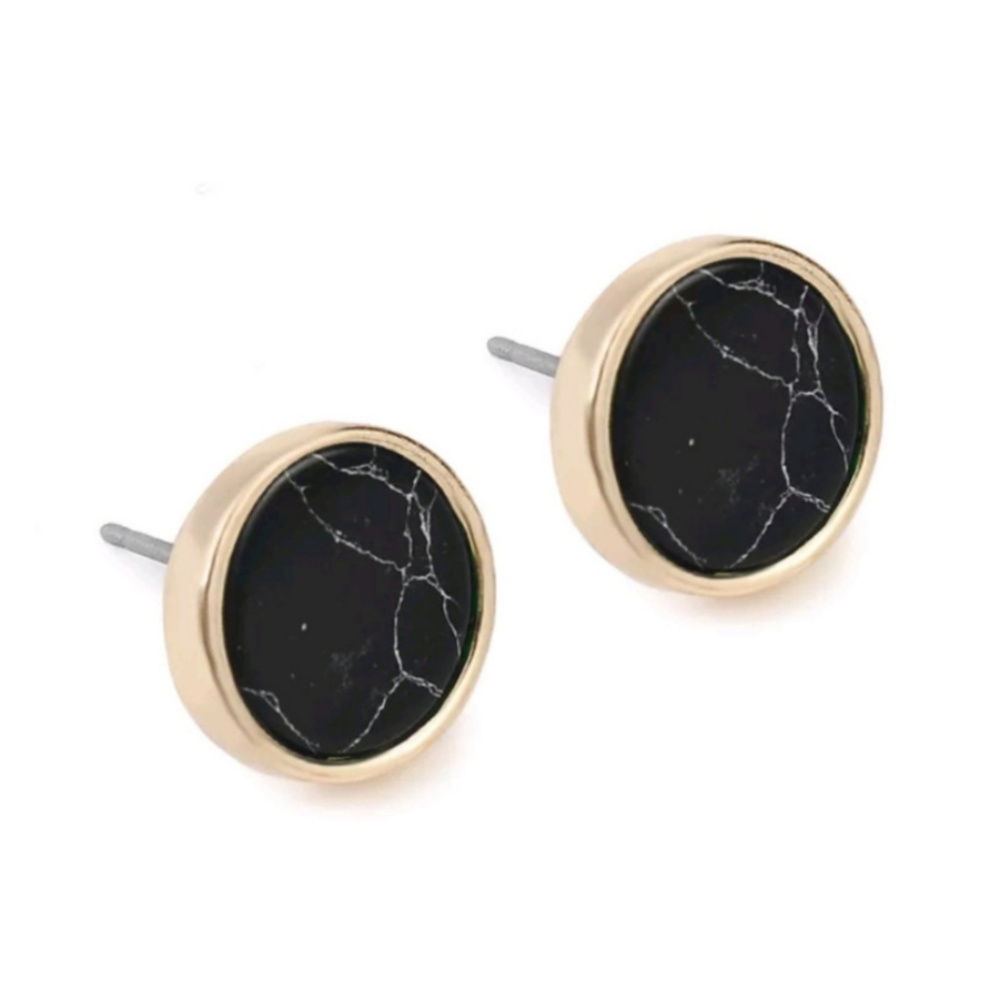 Black Marble Round Stud Earrings Gold Tone